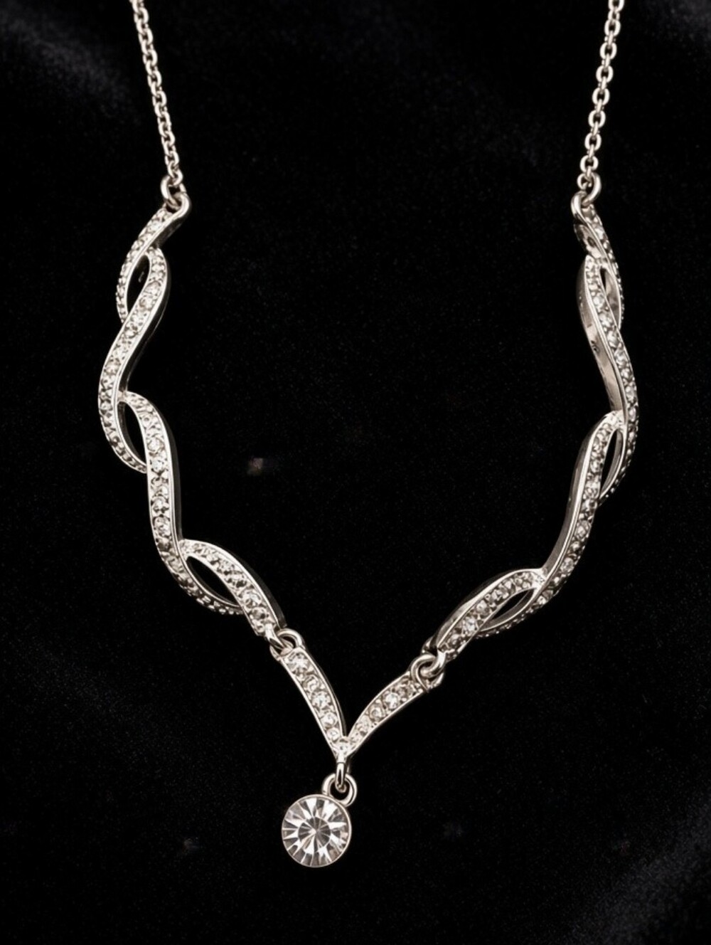 Vintage Nina Ricci Silver Tone Rhinestone Crystal V Drop Necklace CC